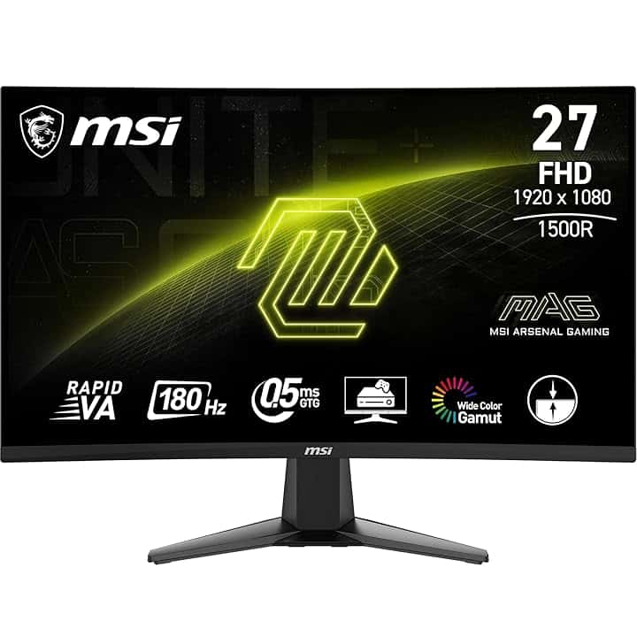 MSI MAG 27C6F Monitor Gaming Curvo 27" - FHD (1920 x 1080), 180Hz/0,5 ms, pannello VA 1500R - Adaptive-Sync, connettività DisplayPort 1.2a, HDMI