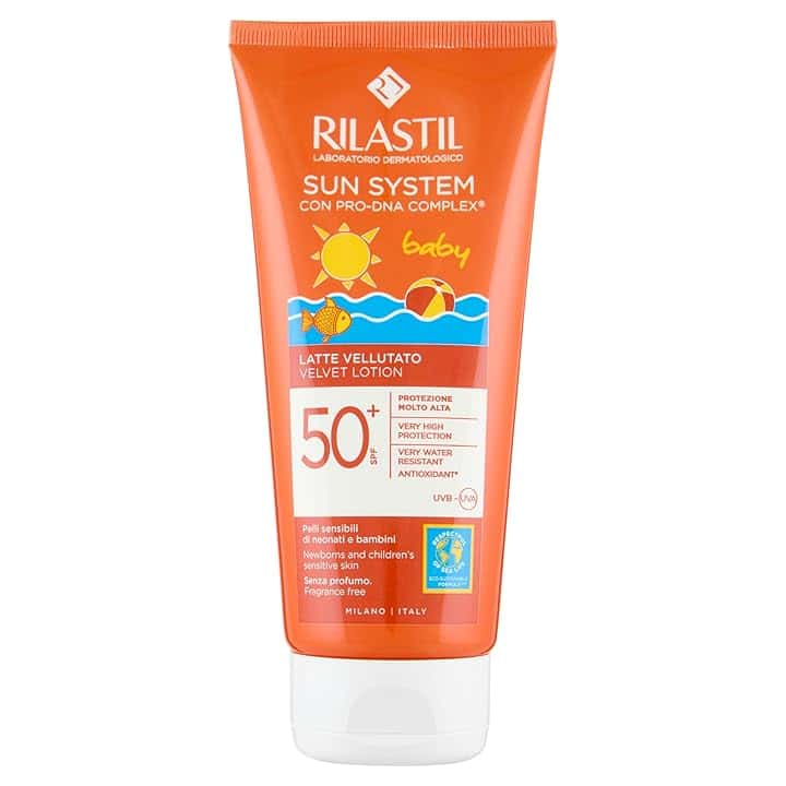 Rilastil Sun System Baby Latte Vellutato per Pelle Sensibile del Bambino, Resistente all'Acqua, Protezione Molto Alta, SPF 50+