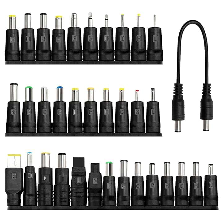 34 Pezzi Adattatore di Alimentazione DC Universale, 5.5x2.1 mm Femmina a Maschio Adattatore Jack Connettore, DC Barrel Connettore Tips con 1 Pezzi Cavo, per Ventilatori, Router