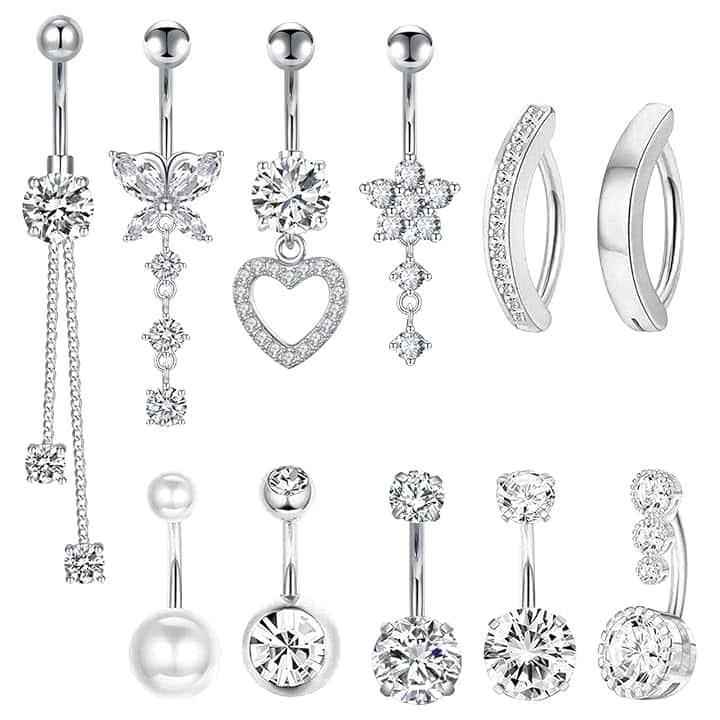 TYXHXTF 11 Pcs Piercing Ombelico per Donna, Perla Clicker Barbell Piercing Ombelico Anello Set, Cuore Farfalla Gioielli Diamante Lungo Barbell Set Per Le Donne