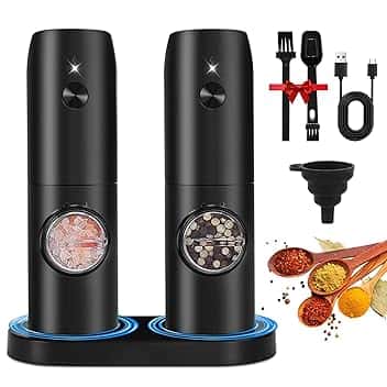 UCAMP Macina Sale e Pepe Elettrico con Base Ricaricabile,Macina Pepe Automatic,Macinaspezie con Granulosità Regolabile,Macina Spezie con Pennello e Cucchiaio,Luce Led,per Barbecue,Ristorante Cucina