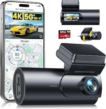 GKU 4K Dash Cam Auto, 5GHz WiFi e GPS, Doppia Telecamera per Auto, Mini Dashcam IPS 1.5" con Scheda SD 64G, 24H Monitor di Parcheggio, Visione Notturna, WDR, Grandangolo 170°, Sensore G, Controllo App