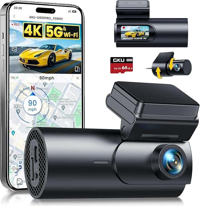 GKU 4K Dash Cam Auto, 5GHz WiFi e GPS, Doppia Telecamera per Auto, Mini Dashcam IPS 1.5" con Scheda SD 64G, 24H Monitor di Parcheggio, Visione Notturna, WDR, Grandangolo 170°, Sensore G, Controllo App