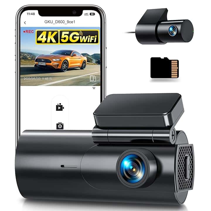 GKU Dash Cam Auto 4K+1080P, 5GHz WiFi Telecamera per Auto con Scheda SD 64G, Dashcam Auto 170° Grandangolo,Super Visione Notturna,WDR,G-Sensor,24H Monitor di Parcheggio,Registrazione in Loop,Max 256G