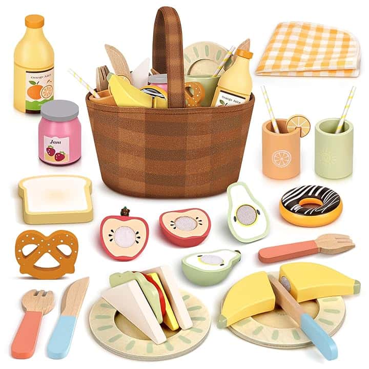 Dreamon Cibo Cucina Giocattolo per Bambini Legno, Accessori da Cucina in Legno Finto Set di Giocattoli da Picnic con Giocattoli da Taglio di Frutta e Verdura, Giochi di Ruolo Giocattoli Bambina 3