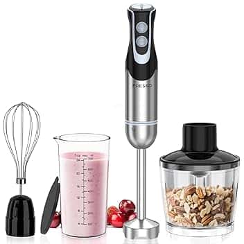 FRESKO Frullatore a Immersione 4-in-1, 1000 W Minipimer Immersione in 304 Acciaio Inossidabile, con 12 Velocità e Modalità Turbo, Antispruzzo Design, Include Misurino, Tritatutto e Frusta (HB3302)