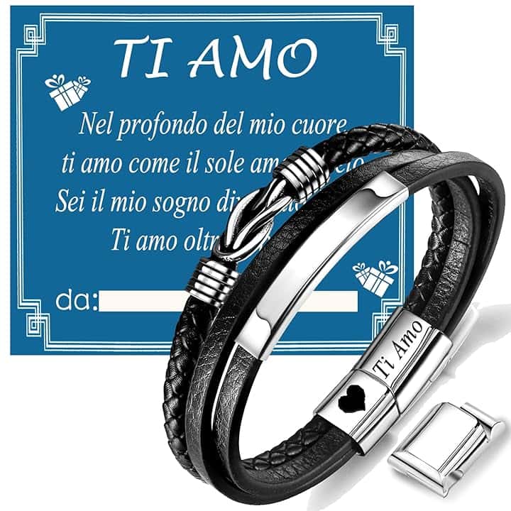Gkmamrg Regali Natale San Valentino per lui Uomo Mariti Fidanzati – Bracciale da uomo in pelle con incisione Ti Amo, Regalo di compleanno per Uomo, 22.5cm, Pelle