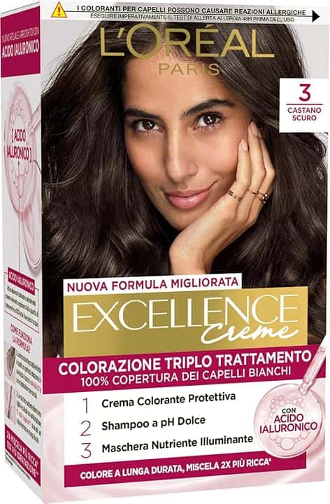 L’Oréal Paris Colorazione Triplo Trattamento Excellence, Con Acido Ialuronico, 100% Copertura Capelli Bianchi, Per Capelli Più Idratati, Castano Scuro (3)