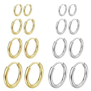 NHDDGR 8 Paia di Orecchini in Acciaio Inossidabile per Uomini e Donne, Piccoli Orecchini a Cerchio Chirurgici Orecchini da Uomo Ipoallergenici e Leggeri, Argento Donna e Oro 8-14mm