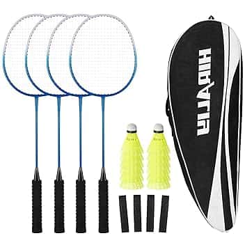 HIRALIY - Set di 4 racchette da badminton per giochi all'aperto, tra cui 4 racchette, 12 volani in nylon, 4 nastri di ricambio e 1 borsa per il trasporto