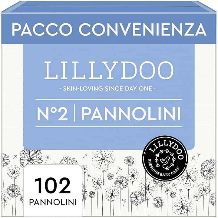 Pannolini LILLYDOO delicati sulla pelle - taglia 2 (4+ kg), pacco scorta (102 unità), protezione contro le fuoriuscite, morbidi, senza profumi & lozioni e dermatologicamente testati OEKO-TEX STANDARD 100