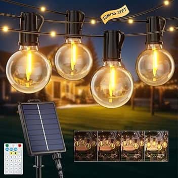 Catena Luminosa Esterno Solare 12M 14+1 G40 Lampadine LED Luci Solari per Esterni 19 Modalità Impermeabile Luci Solari Esterno con 26 LED per Giardino Terrazze Campeggio Patio Gazebo Matrimonio Feste