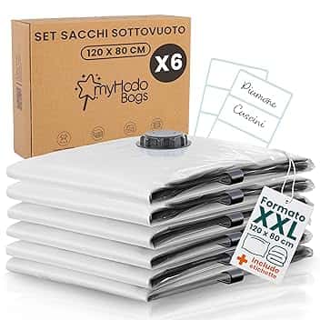 myHodo Sacchetti Sottovuoto XXL (6 Pezzi, 80x120 cm) – Extra Grandi Buste Salvaspazio Riutilizzabili per Piumoni, Coperte, Vestiti e Tessuti Voluminosi, Sacchi Durevoli con Doppia Chiusura Ermetica