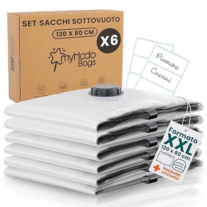 myHodo Sacchetti Sottovuoto XXL (6 Pezzi, 80x120 cm) – Extra Grandi Buste Salvaspazio Riutilizzabili per Piumoni, Coperte, Vestiti e Tessuti Voluminosi, Sacchi Durevoli con Doppia Chiusura Ermetica