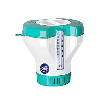 Gre 40070 - Dosatore Galleggiante con Termometro per il Trattamento Chimico delle Piscine. Disinfezione e Pulizia dell'Acqua della Piscina. Per Pastiglie da 20 a 500 g