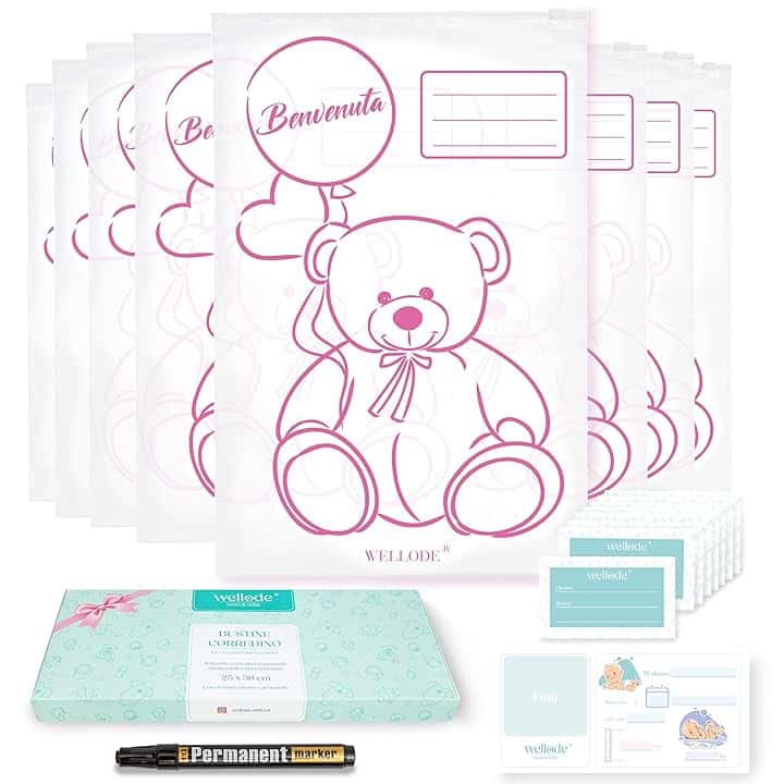 Wellode® 8 Bustine Corredino Neonato Ospedale Teddy Bear con Pennarello - Sacchetti Cambio Neonato Riutilizzabili per Asilo e Viaggi - Idea Regalo Nascita Baby Shower e Lista Nascita Bebè