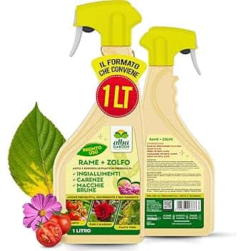 Albagarden - Rame + Zolfo Spray - MAXI x 1 Litro - Concime Potente per Piante Contro le Malattie - Per Ingiallimenti, Carenze, Macchie Brune, Oidio, Peronospora - Effetto Fungicida per Piante