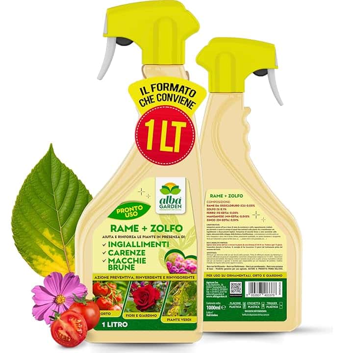Albagarden - Rame + Zolfo Spray - MAXI x 1 Litro - Concime Potente per Piante Contro le Malattie - Per Ingiallimenti, Carenze, Macchie Brune, Oidio, Peronospora - Effetto Fungicida per Piante