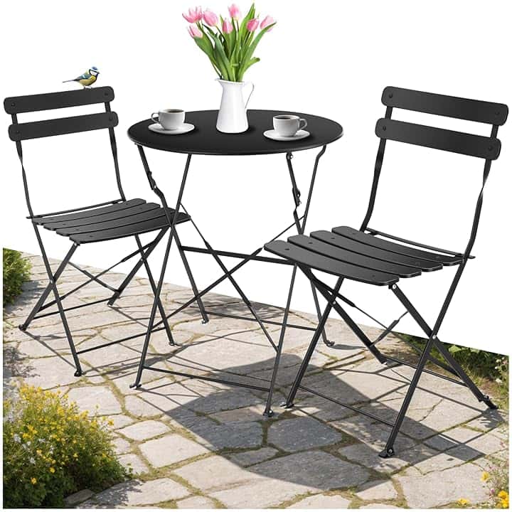 tectake® Set Bistrot Pieghevole Per 2 Persone con Telaio in Acciaio, Set Tavolo e Sedie Da Giardino, Tavolo con Sedie per Balcone e Terrazzo, Salottino da Esterno Design Elegante - Nero