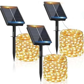 Luci Solari Esterno【3 Pacchi】12+2M 120LED Luci Solari da Giardino IP65 Impermeabili Bianco Caldo 8 Modalità, Catena Luc Solar Esterno Decorative Giardino Albero Patio Terrazze Festival Matrimoni