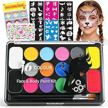 Truccabimbi Kit - 16 Colori Trucco Viso Bambini con 4 Colori Grandi, 52 Stencil e 1 Adesivo con Strass, Truccabimbi set Anallergici Atossici Body Painting per Halloween Carnevale Cosplay