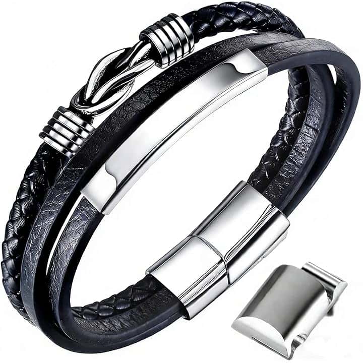 Gkmamrg Bracciale da uomo in pelle nera con cinturino in pelle Braccialetto intrecciata, in vera pelle intrecciata 22.5cm