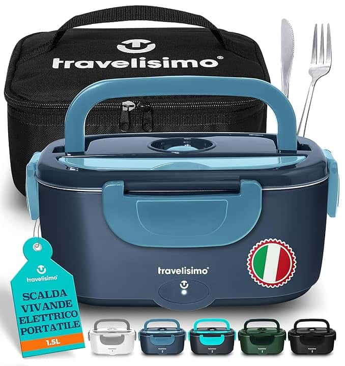 TRAVELISIMO Scaldavivande Elettrico Portatile 100W 1,5L Porta Pranzo Termico 220V/12V/24V Scalda Vivande Portatile Elettrico, Viaggio e Lavoro Portavivande Termico & Portapranzo Termico per Alimenti