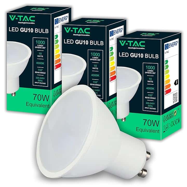 V-TAC 3x Lampadine LED GU10 - Alta Luminosità 10W (Equivalenti a 70W) - 1000 Lumen- Faretto Led GU10 per Massima Efficienza e Risparmio Energetico - 4000K Luce Naturale