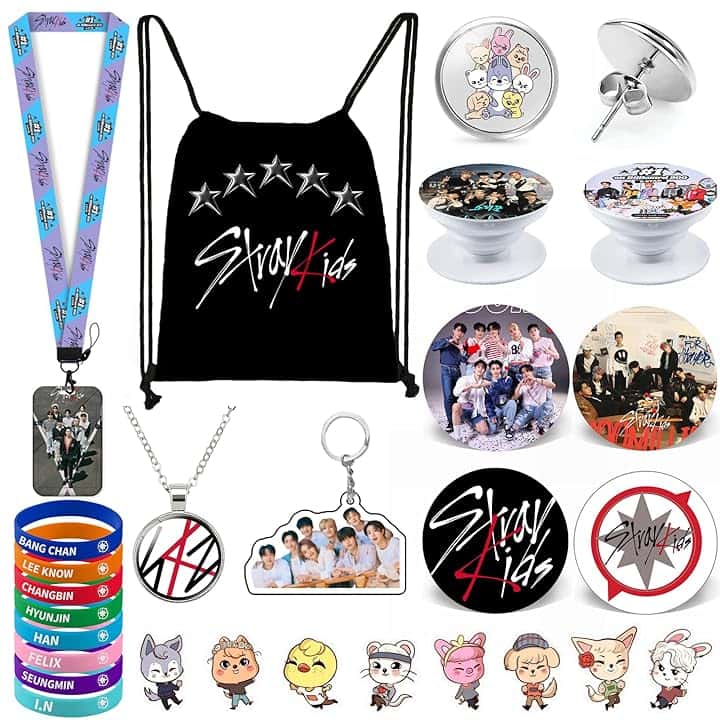 ZHENGGE Stray Kids - Regali per bambini, con borsa, collana, orecchini, bracciali, spille, cordino identificativo, portachiavi, anello per telefono, distintivo