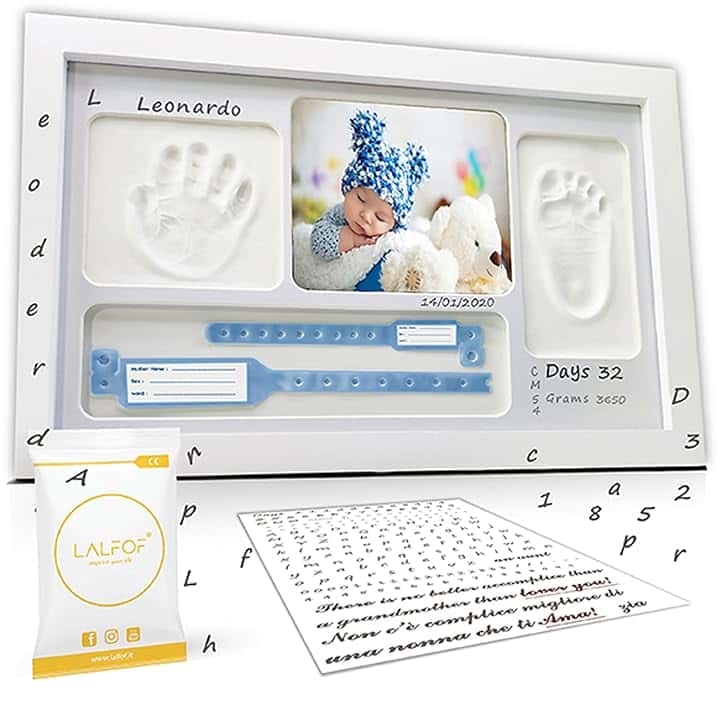 LALFOF® Cornice Impronta Mani e Piedi Neonati 7in1 Con Nome e Porta Oggetti. Cornice Impronte Neonato Personalizzabile (lista Nascita Bebè).Kit Impronte Mani e Piedi Neonato Dermatologicamente Testato
