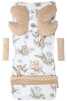 Medi Partners Riduttore Passeggino Universale Materassino Copri Neonato Cuscino - 5 elementi 78x35cm Copripasseggino Estivo per Neonati Cotone Minky (Safari con Minky beige)