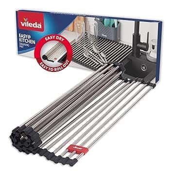 Vileda Scolapiatti per Lavelli 45x40cm in Acciaio Inox e TPE - 24 Barre, arrotolabile - Scolapiatti e Coprilavello - Scolapiatti Pieghevole - Griglia per Lavandino Cucina - Accessori per Lavello