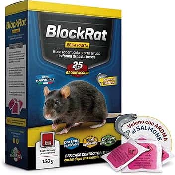 Veleno per Topi Professionale, Esca Topicida Ratticida in Bustine di Pasta Fresca, Novità Aroma al Salmone, Rodenticida Potente Rosso, Uso Esterno ed Interno, 100% Made in Italy - BlockRat 150 g