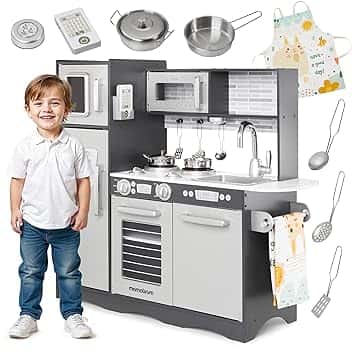 Mamabrum Cucina Giocattolo per Bambini in Legno con Luci LED - Cucina Educativa con Forno, Microonde e Accessori - Set da Gioco con Piano Cottura, Frigorifero e Utensili - 93x30x82cm - Nero