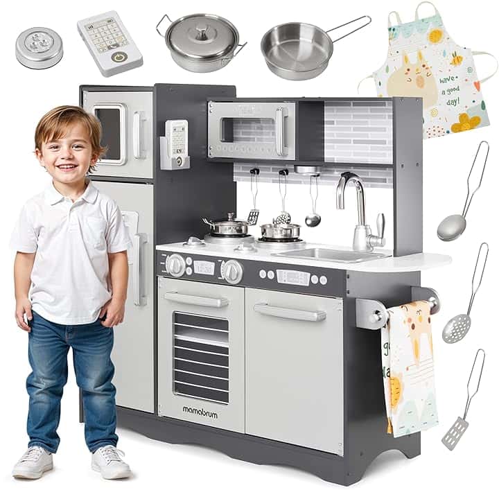 Mamabrum Cucina Giocattolo per Bambini in Legno con Luci LED - Cucina Educativa con Forno, Microonde e Accessori - Set da Gioco con Piano Cottura, Frigorifero e Utensili - 93x30x82cm - Nero