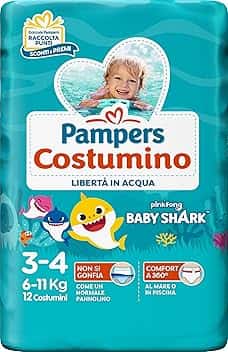 Pampers Costumino, Taglia 3 (6-11 kg), Doppia Barriera Laterale Anti-Fuoriuscita, Rimozione Facile, Fascia Elastica Avvolgente, Mare e Piscina, Cambio Veloce, Estate, Baby Shark, 12 Pannolini