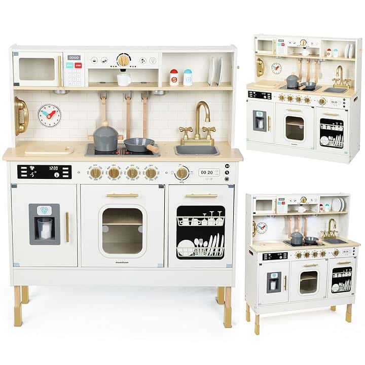 Mamabrum Cucina in Legno per Bambini XXL – Cucina Giocattolo Interattiva con LED, Microonde, Lavastoviglie, Macchina da Caffè, Forno, Lavello e Accessori