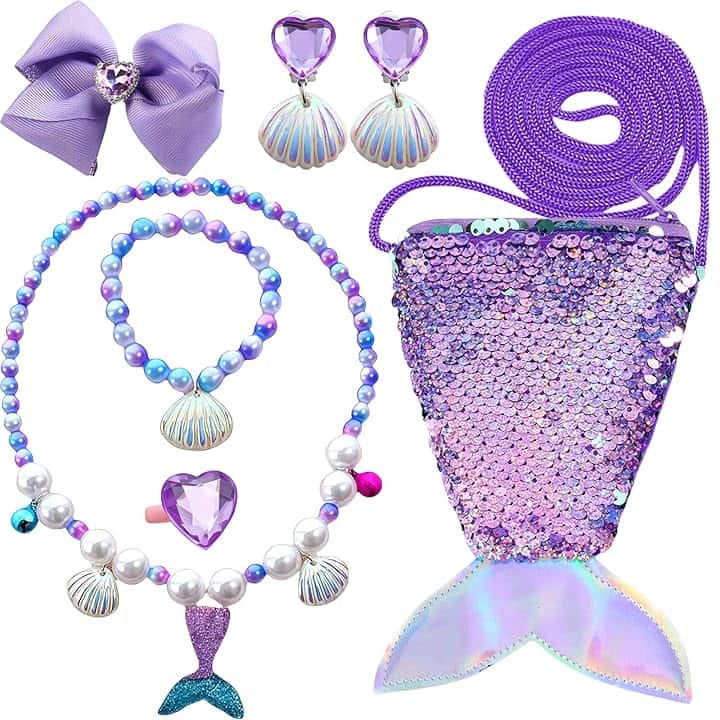 GWAWG Set di Gioielli per Bambini 7Pcs con Borsa a Tracolla a Forma di Coda con Borsa a Tracolla a Forma di Coda, Collare, Bracciale, Orecchini a Clip, Anello e Fermaglio per Capelli, Set di Gioielli