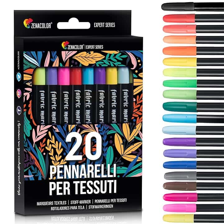 Zenacolor 20 Pennarelli per Tessuti e Stoffa - Colori per Tessuti Atossici, Indelebili e Permanenti a Punta Fine - Ideali per Magliette, Borse in Stoffa e altri Tessuti - Per Bambini e Adulti