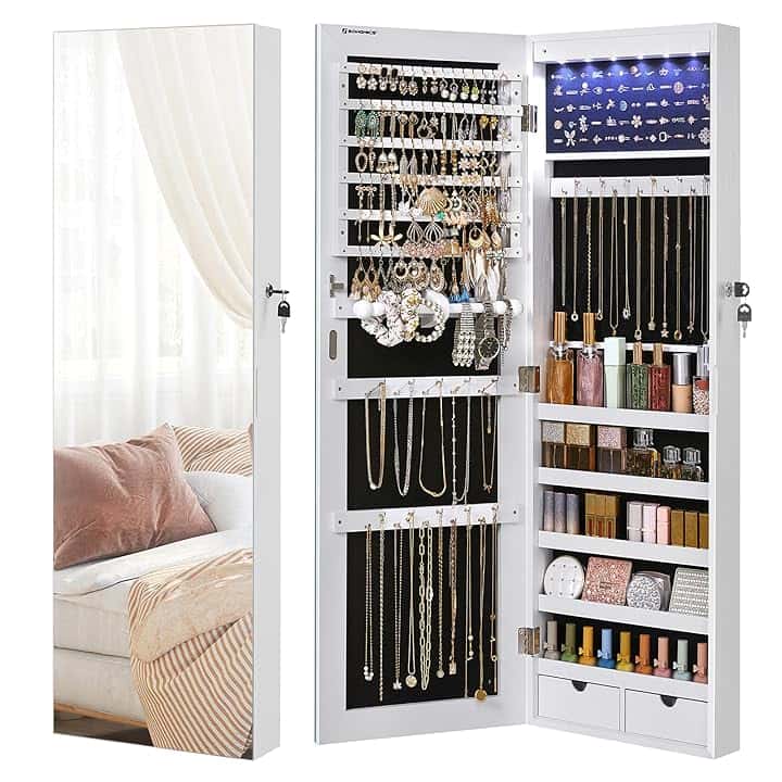 SONGMICS SONGMICS Armadietto Portagioielli da Parete con Specchio Senza Cornice, Organizzatore per Gioielli con 6 Luci a LED da Porta o Muro, Grande CapacitÀ con 2 Cassetti, Bianco JJC99WT