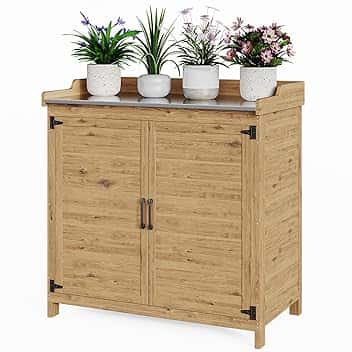 Bealife Tavolo per Piante con Mobile Base, Armadietto da Esterno in Legno,Mobiletto da Giardino con Piano di Lavoro con 1 Ripiano Mobile per Uso Interno ed Esterno (Naturale, 98x48x95 cm)