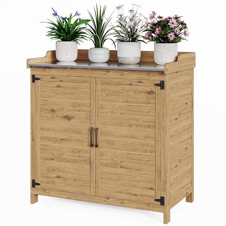 Bealife Tavolo per Piante con Mobile Base, Armadietto da Esterno in Legno,Mobiletto da Giardino con Piano di Lavoro con 1 Ripiano Mobile per Uso Interno ed Esterno (Naturale, 98x48x95 cm)