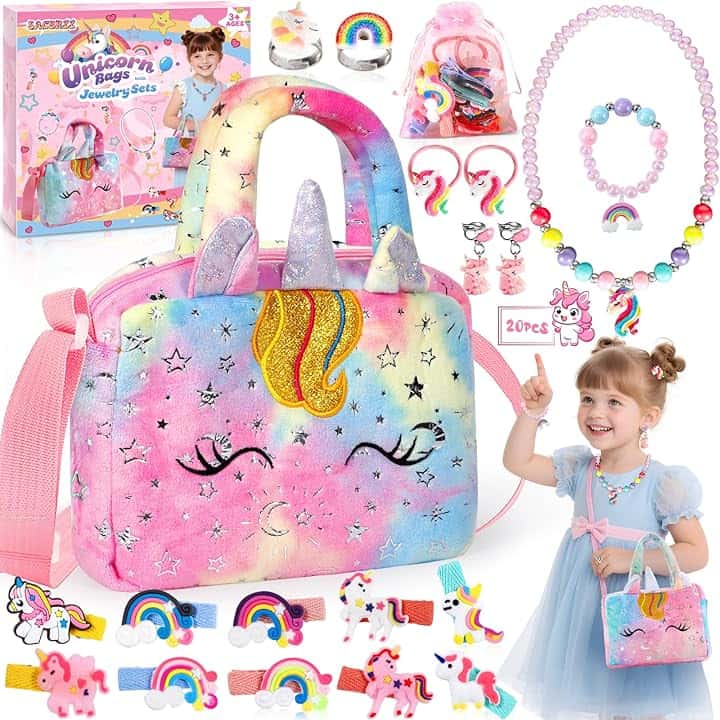 SACBRZZ Borsa Unicorno Bambina Con Gioielli, 20 Pezzi Set Gioielli, Anelli, Collane, Forcine, Orecchini,Borsetta Unicorno Bambina, Borsetta Bambinas Set Unicorno Regalo per Bambini 3-7 Anni Compleanno Natale