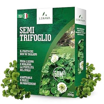 LERAVA Trifoglio Nano semi prato (50 m²) - Non richiede taglio - Semi trifoglio nano per prato verde - Migliora fertilità del suolo e copertura calpestabile - Fioritura bianca per giardini - 200g