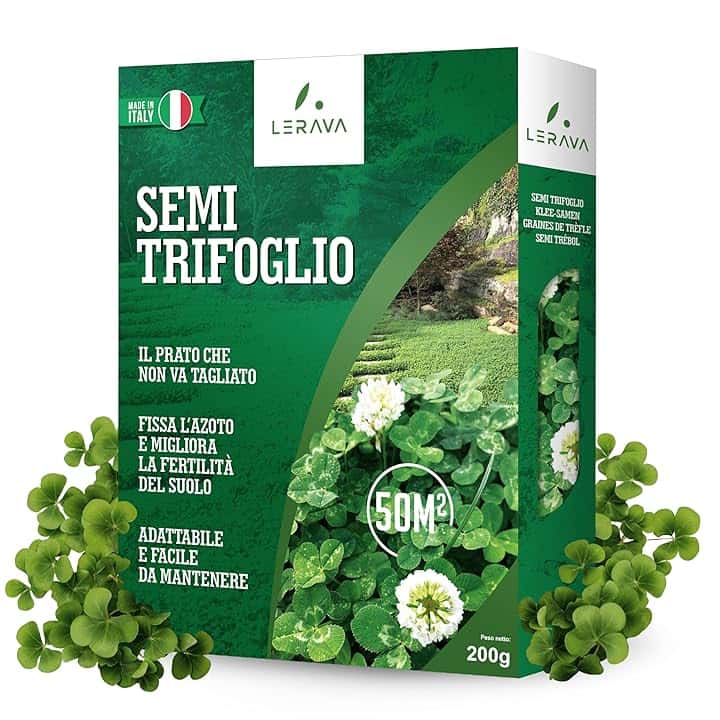LERAVA Trifoglio Nano semi prato (50 m²) - Non richiede taglio - Semi trifoglio nano per prato verde - Migliora fertilità del suolo e copertura calpestabile - Fioritura bianca per giardini - 200g