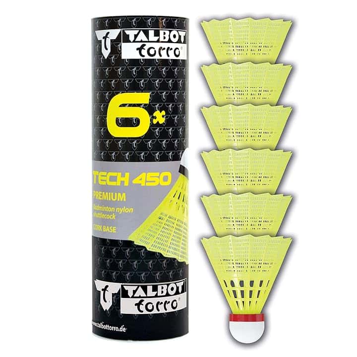 Talbot-Torro Volani da Badminton Tech 450, Lattina 6 Pezzi, in Nilon Premium