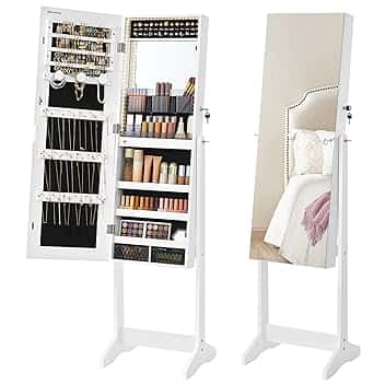 SONGMICS SONGMICS Specchio Portagioie da Terra, Armadietto Portagioie con Specchio a Figura Intera senza Cornice, Luce LED, 2 Cassetti, Serratura, Idea Regalo, Bianco Nuvola JJC023W01