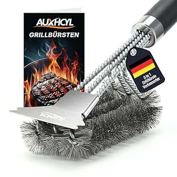 AUXHCYL Spazzola per barbecue in acciaio inox, spazzola per barbecue 3 in 1 con raschietto, manico in polipropilene con isolamento termico, spazzola per barbecue da 45,5 cm per barbecue a gas