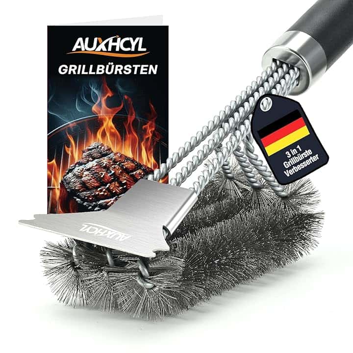 AUXHCYL Spazzola per barbecue in acciaio inox, spazzola per barbecue 3 in 1 con raschietto, manico in polipropilene con isolamento termico, spazzola per barbecue da 45,5 cm per barbecue a gas