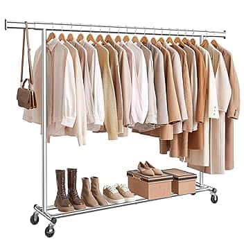 SONGMICS Stand Appendiabiti con Ruote, Attaccapanni Estensibile per Carichi Pesanti, Portata Totale 150 kg, 45 x (160-200) x 161,5 cm, Facile da Montare e Spostare, Argento HSR175E01